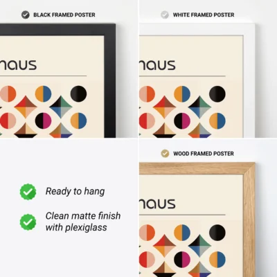 Three Bauhaus poster frame options – black, white, and wood – with matte finish