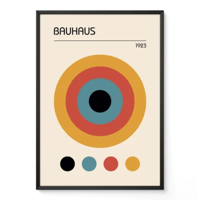Modern Bauhaus poster with concentric circles in bold colors and frame options