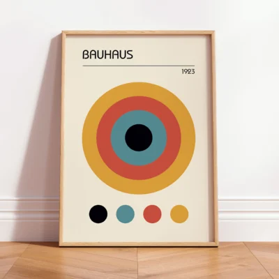 Modern Bauhaus poster with concentric circles in bold colors and frame options