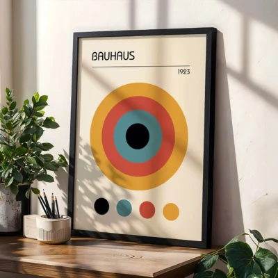 Modern Bauhaus poster with concentric circles in bold colors and frame options