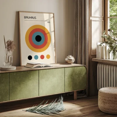 Modern Bauhaus poster with concentric circles in bold colors and frame options