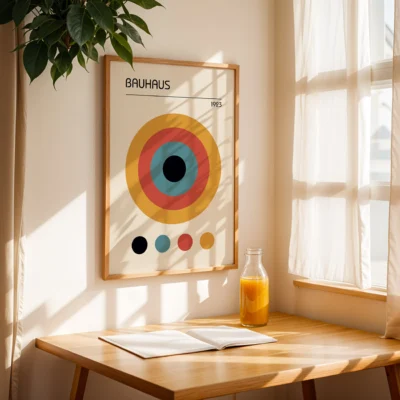 Modern Bauhaus poster with concentric circles in bold colors and frame options