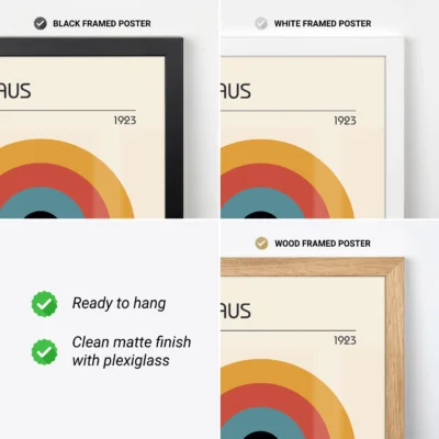Modern Bauhaus poster with concentric circles in bold colors and frame options