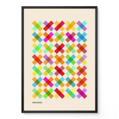 Bauhaus poster with colorful diamond grid in black minimalist frame