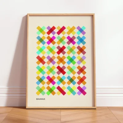 Bauhaus colorful diamond grid poster in natural wood frame on floor