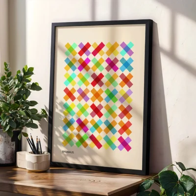 Bauhaus poster with geometric grid in black frame by a window