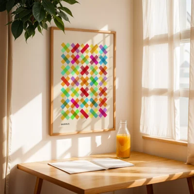 Bauhaus poster in natural wood frame on wall above desk with sunlight