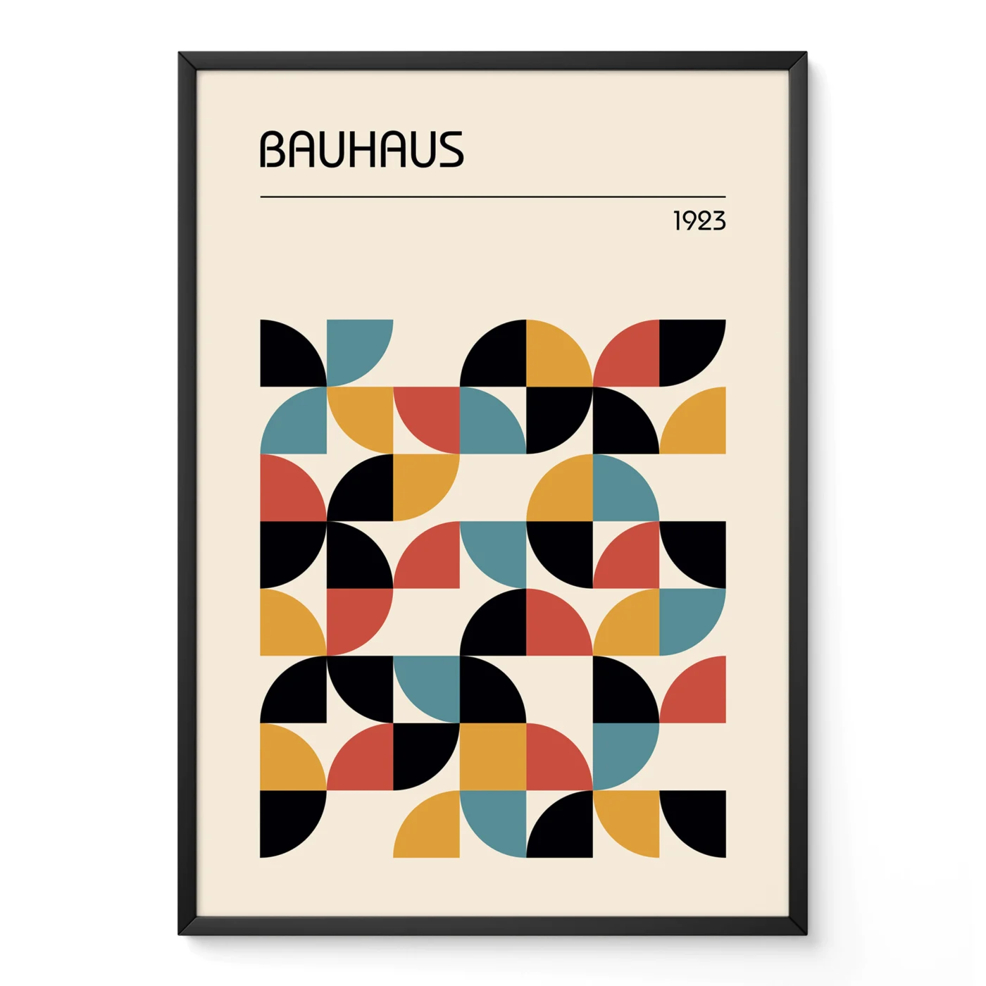 Bauhaus poster with abstract geometric design in black, mustard yellow, rust red, and teal