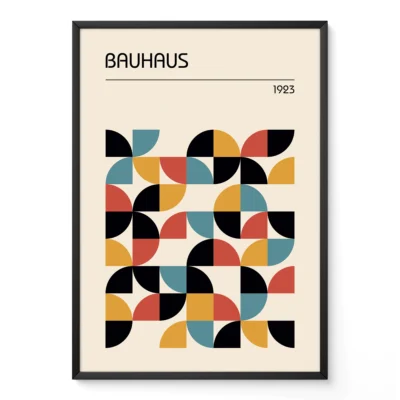 Bauhaus poster with abstract geometric design in black, mustard yellow, rust red, and teal