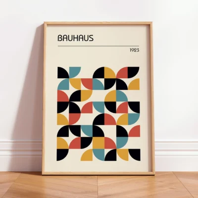 Bauhaus poster with abstract geometric design in black, mustard yellow, rust red, and teal