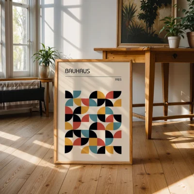 Bauhaus poster with abstract geometric design in black, mustard yellow, rust red, and teal