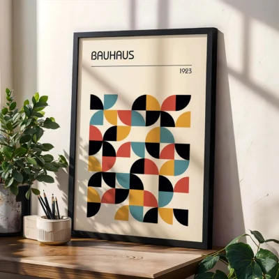 Bauhaus poster with abstract geometric design in black, mustard yellow, rust red, and teal