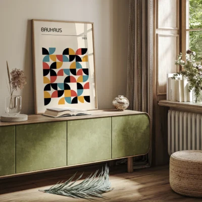 Bauhaus poster with abstract geometric design in black, mustard yellow, rust red, and teal