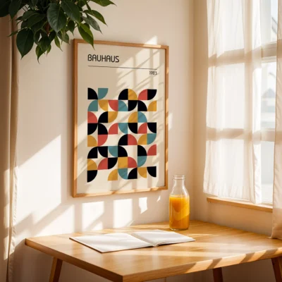 Bauhaus poster with abstract geometric design in black, mustard yellow, rust red, and teal