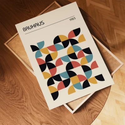 Bauhaus poster with abstract geometric design in black, mustard yellow, rust red, and teal