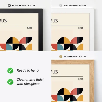 Bauhaus poster with abstract geometric design in black, mustard yellow, rust red, and teal