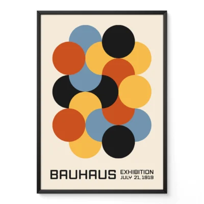 Bauhaus geometric abstract wall art in black frame, minimalist circles in retro tones on white background.