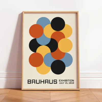 Bauhaus art print with retro circles framed in wood, minimalist mid-century modern style.