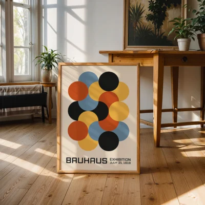 Bauhaus poster in natural wood frame on hardwood floor with sunlight and plant, retro abstract design.