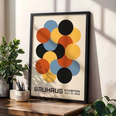 Framed Bauhaus geometric poster near plants, bright space with modern art vibes and retro color palette.