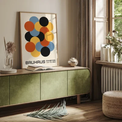 Bauhaus art poster over a green bedspread, warm tones and minimalist geometry in home interior.
