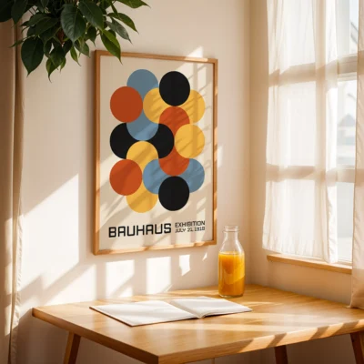 Bauhaus geometric art print in sunny living room with warm light and natural decor elements.