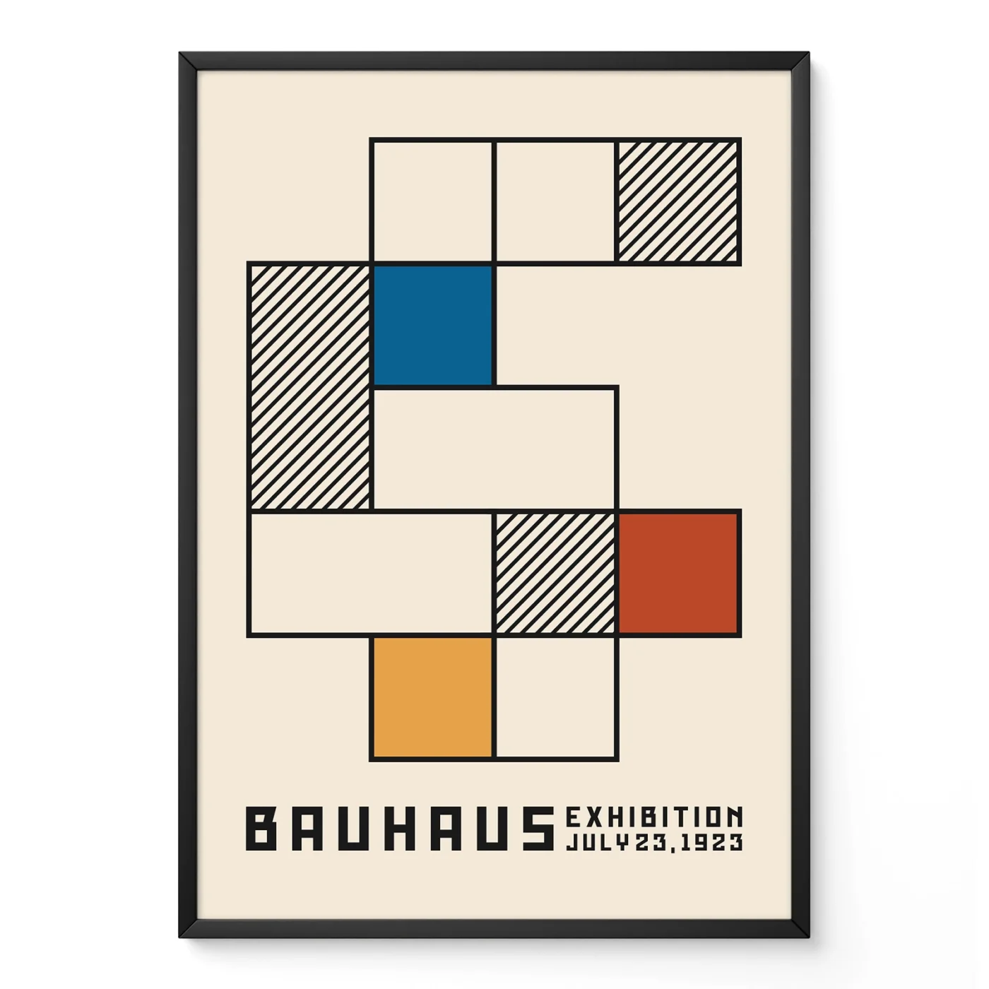 Minimalist wall decor Bauhaus poster with geometric shapes, modernist Bauhaus exhibition style on neutral background.