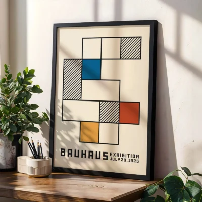 Minimalist wall decor Bauhaus poster on shelf with plants, geometric Bauhaus wall art in modern interior.