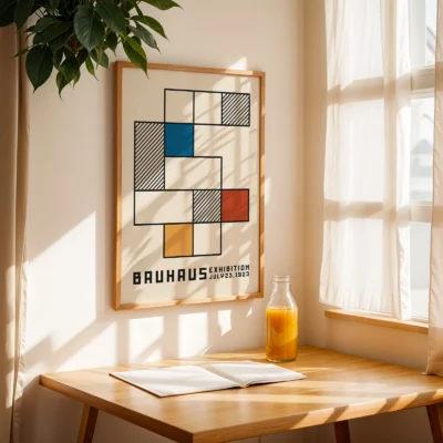 Minimalist wall decor Bauhaus poster hanging near window, geometric modernist Bauhaus design.