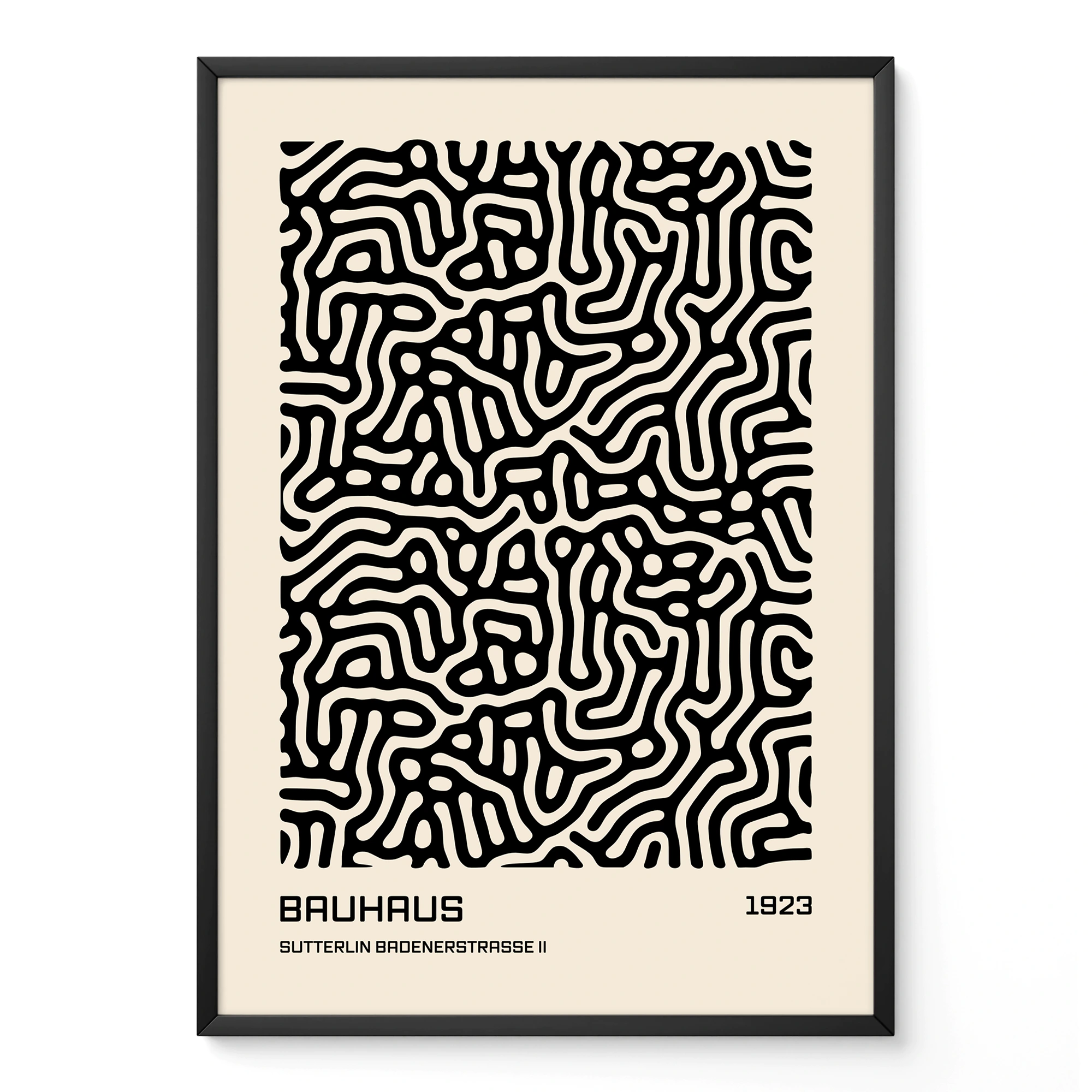 Framed abstract Bauhaus poster with black line maze pattern on beige background