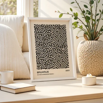 White-framed abstract Bauhaus poster on cream sofa