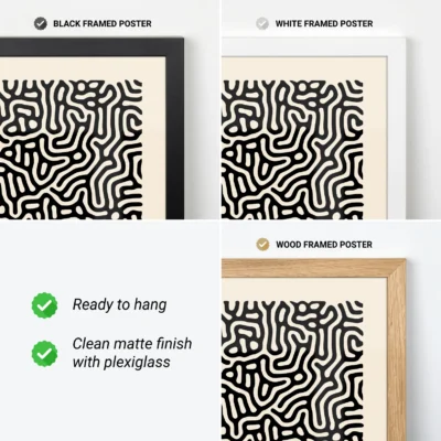 Poster frame options shown: black, white, and wood