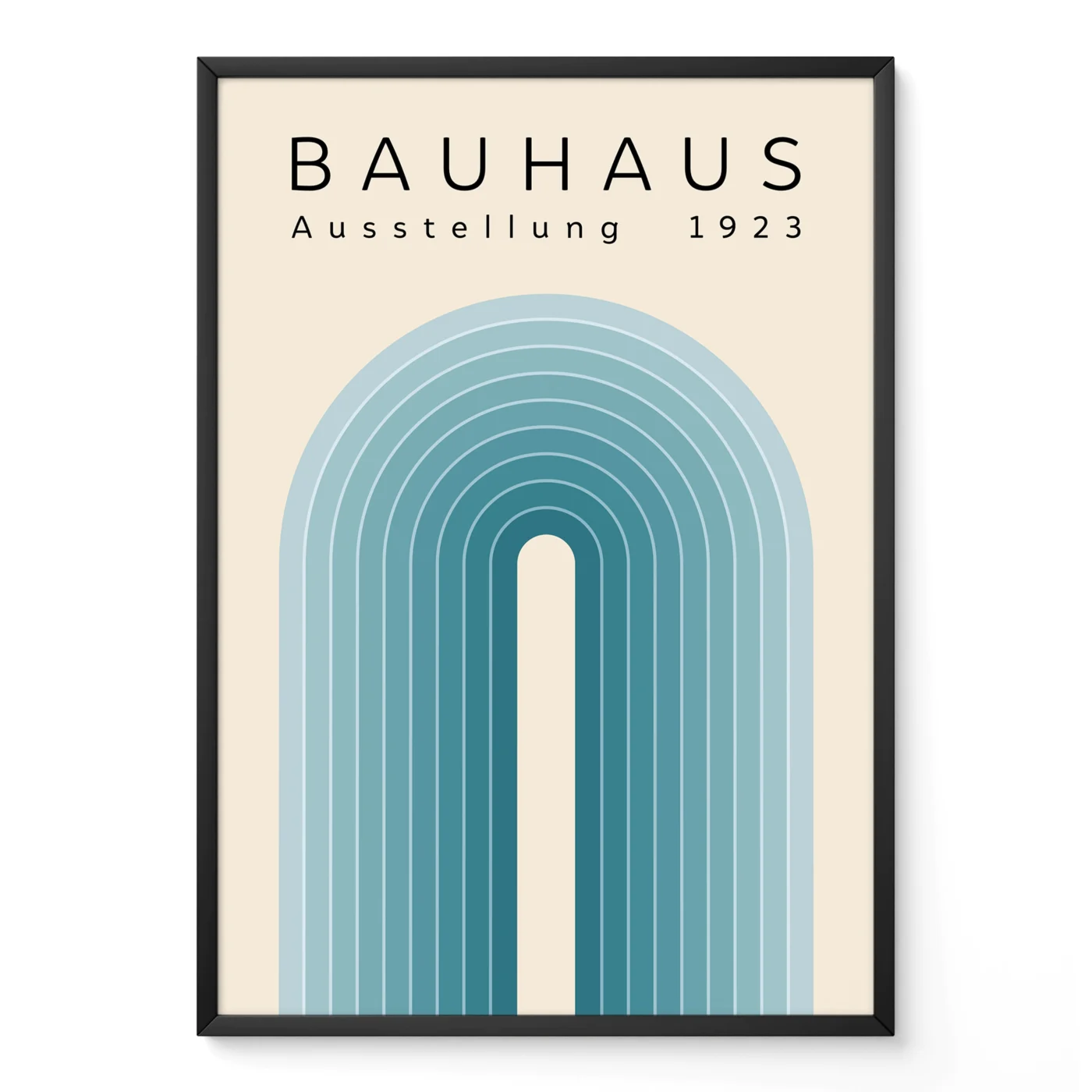 Modern Bauhaus poster with blue arch design, framed in black, white, or wood