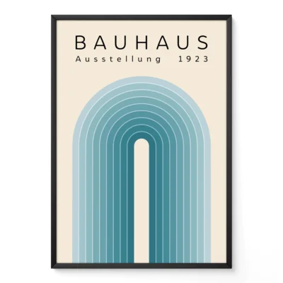 Modern Bauhaus poster with blue arch design, framed in black, white, or wood