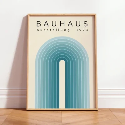Modern Bauhaus poster with blue arch design, framed in black, white, or wood