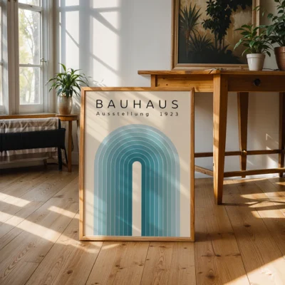 Modern Bauhaus poster with blue arch design, framed in black, white, or wood