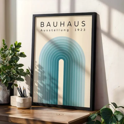 Modern Bauhaus poster with blue arch design, framed in black, white, or wood