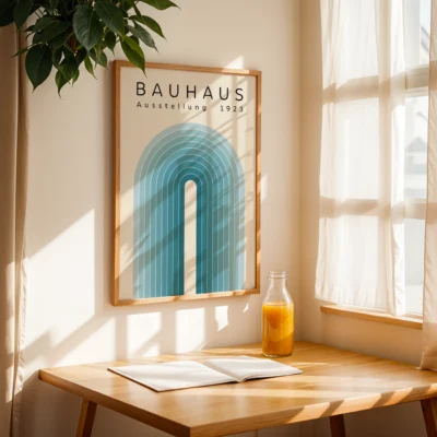Modern Bauhaus poster with blue arch design, framed in black, white, or wood