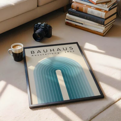 Modern Bauhaus poster with blue arch design, framed in black, white, or wood