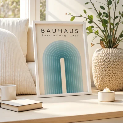 Modern Bauhaus poster with blue arch design, framed in black, white, or wood