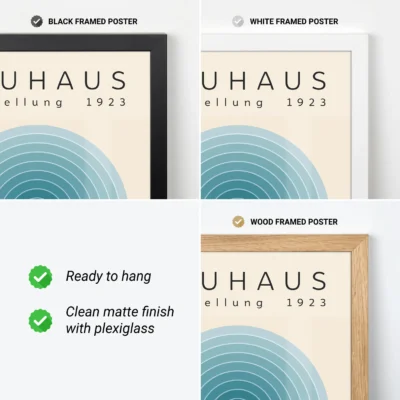 Modern Bauhaus poster with blue arch design, framed in black, white, or wood
