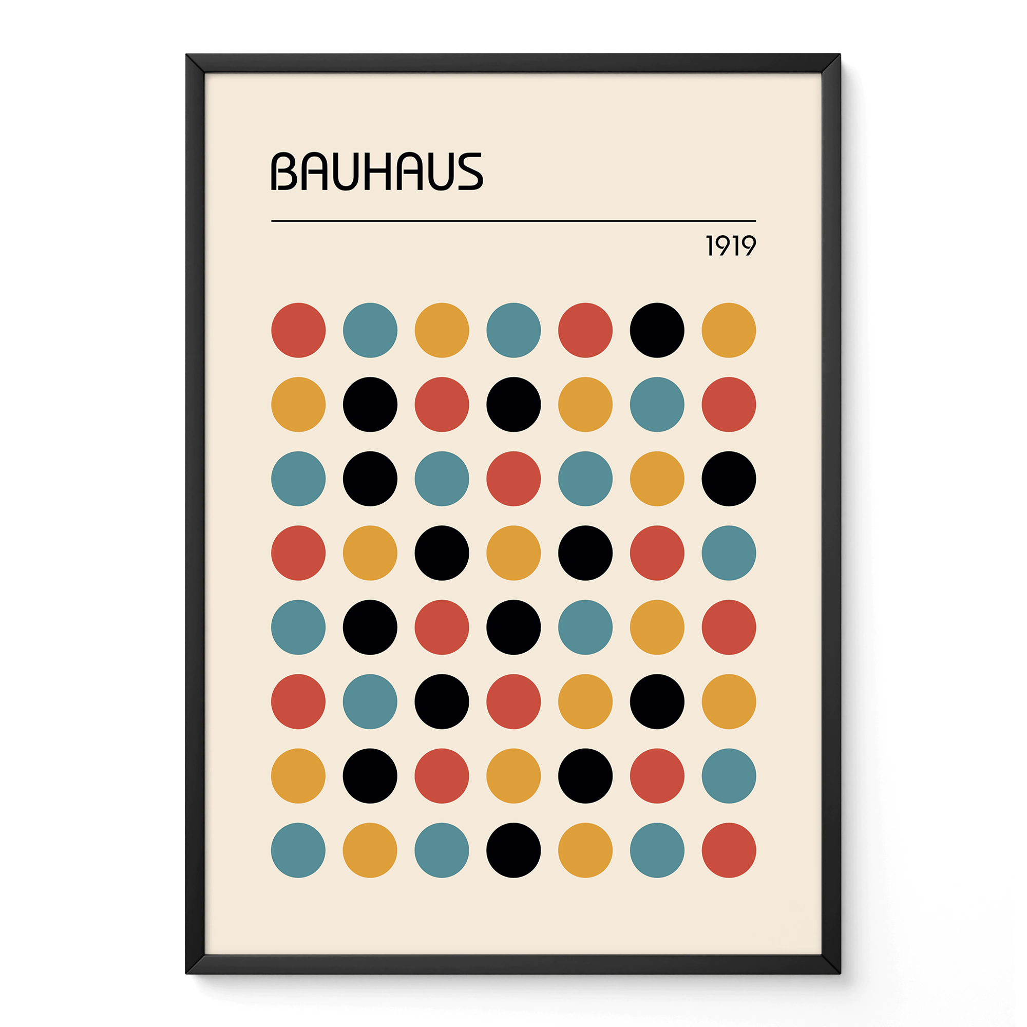 Bauhaus Geometric Poster – Modern Minimalist Wall Art Print Modern Bauhaus poster with colorful dots – available in black, white, or wood frame