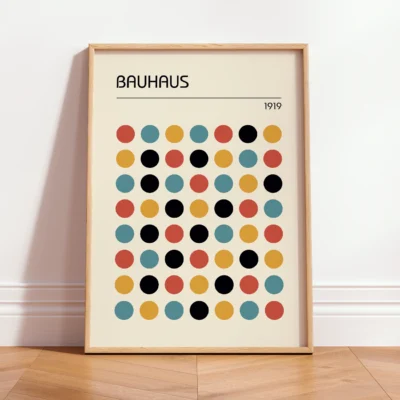 Modern Bauhaus poster with colorful dots – available in black, white, or wood frame