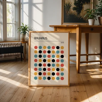 Modern Bauhaus poster with colorful dots – available in black, white, or wood frame