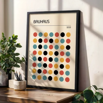 Modern Bauhaus poster with colorful dots – available in black, white, or wood frame