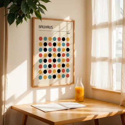 Modern Bauhaus poster with colorful dots – available in black, white, or wood frame