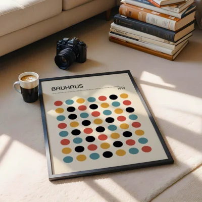 Modern Bauhaus poster with colorful dots – available in black, white, or wood frame