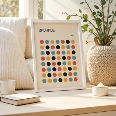 Modern Bauhaus poster with colorful dots – available in black, white, or wood frame