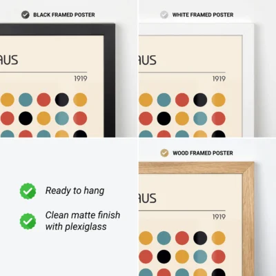 Modern Bauhaus poster with colorful dots – available in black, white, or wood frame
