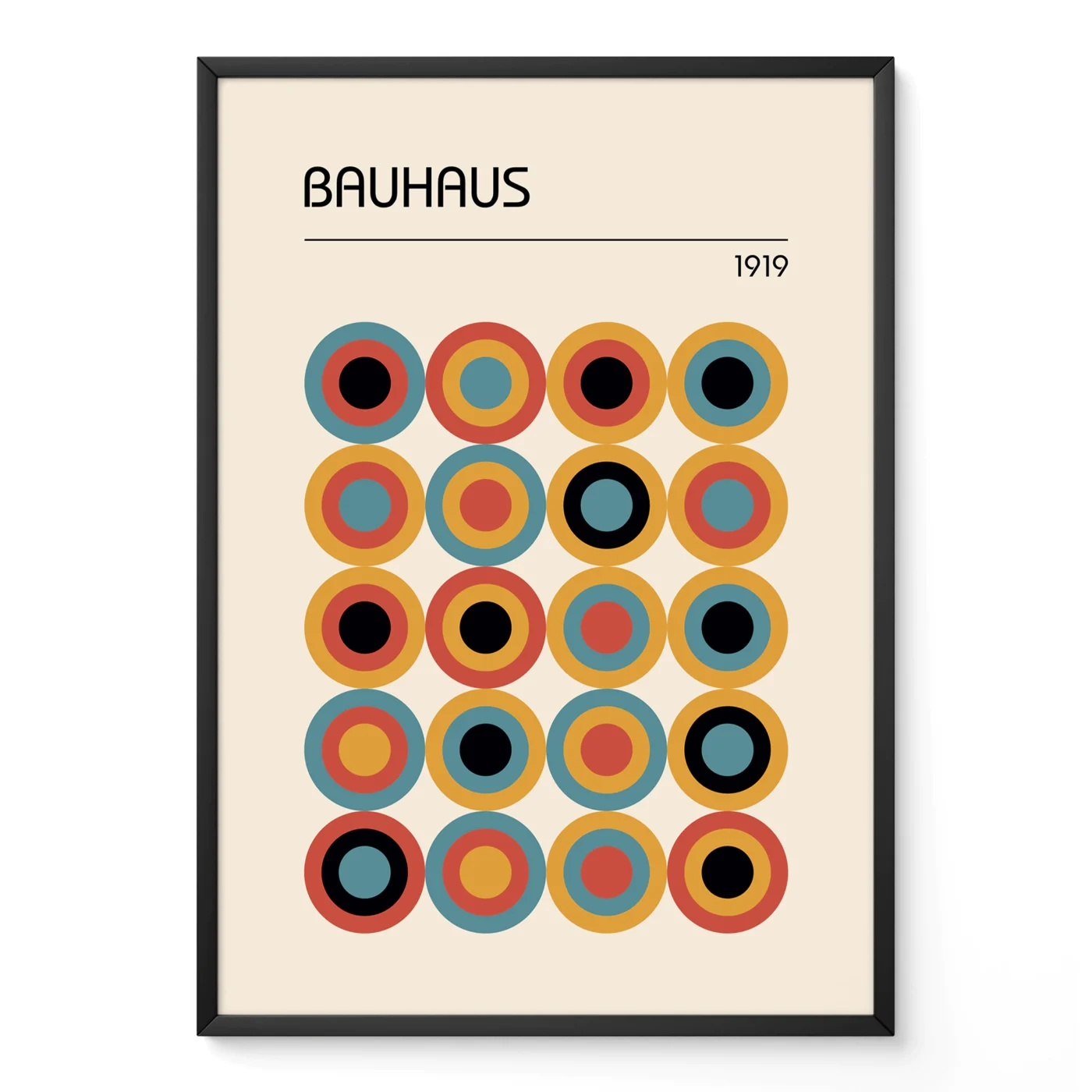 Framed Bauhaus geometric poster with concentric circles in black frame on white background